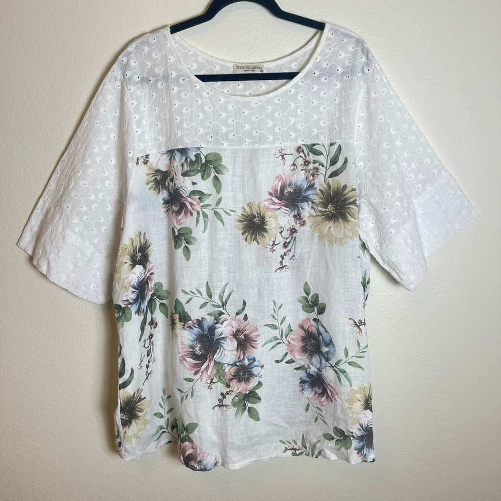 Terzo Millennio Italy Linen Cotton Eyelet Floral Top‎ Womens 3X White Boho 6065P